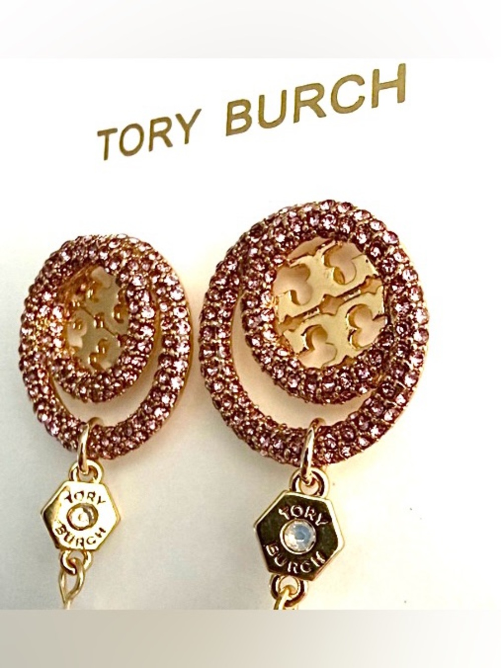 Tory Burch Rose Crystal Double-Hoop Earrings with Pearl Drops w pouch - Picture 4 of 4